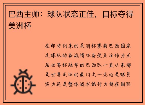 巴西主帅：球队状态正佳，目标夺得美洲杯